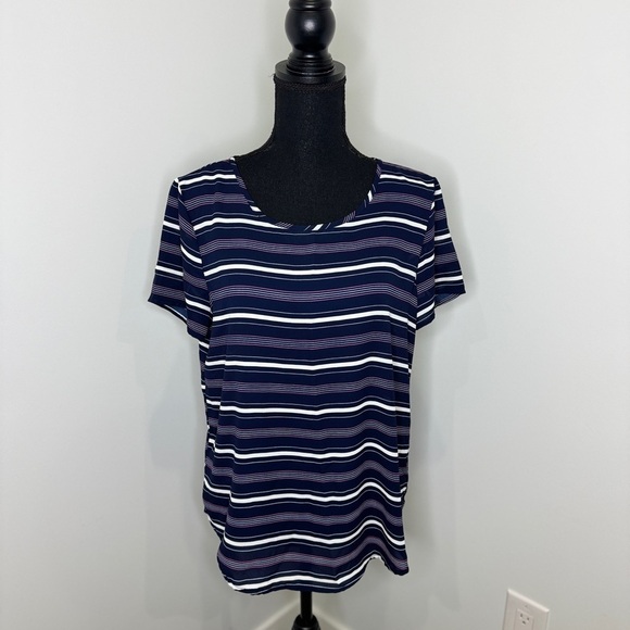 Pleione Dark Blue Stripe Short Sleeve Top (S) - Picture 2 of 8